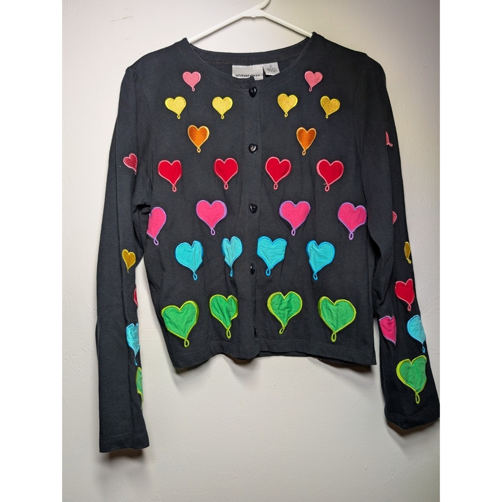 Michael Simon Lite Sweater  M Black Hearts Cardigan Valentine's Artsy Vintage